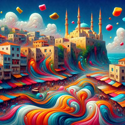 The primary subject of the image is a colorful painting of a city with a castle, surrounded by a vibrant and lively atmosphere. The setting includes a hillside with a castle, a city with buildings, and a beach. The visual style of the painting is a mix of digital art and illustration, creating a unique and captivating scene. The colors and mood of the painting are predominantly bright and cheerful, with a sense of excitement and energy.
